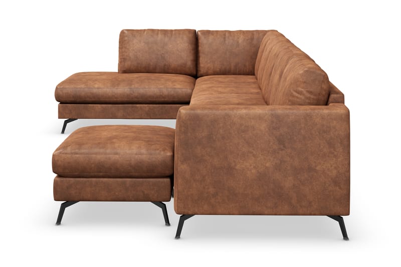 Ocean Lyx 6-sits Vänstervänd U-formad Soffa med Divan och Schäslong + Fotpall i Konstläder - Brun - Möbler - Soffa - Divansoffa & schäslongsoffa