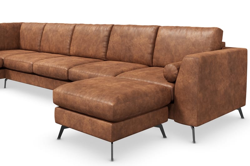 Ocean Lyx 6-sits Vänstervänd U-formad Soffa med Divan och Schäslong + Fotpall i Konstläder - Brun - Möbler - Soffa - Divansoffa & schäslongsoffa