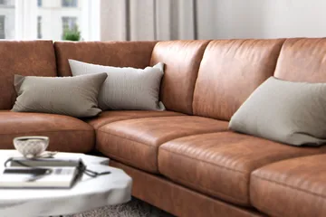 Ocean Lyx 6-sits Vänstervänd U-formad Soffa med Divan och Schäslong + Fotpall i Konstläder - Brun - Möbler - Soffa - Skinnsoffa