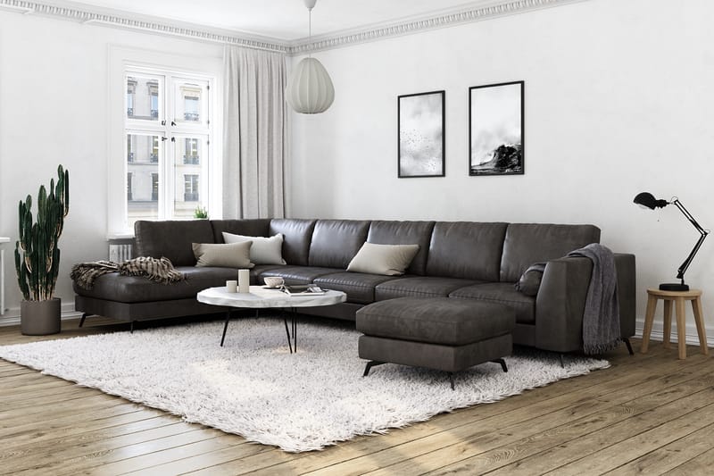 Ocean Lyx 6-sits Vänstervänd U-formad Soffa med Divan och Schäslong + Fotpall i Konstläder - Mörkgrå - Möbler - Soffa - Divansoffa & schäslongsoffa