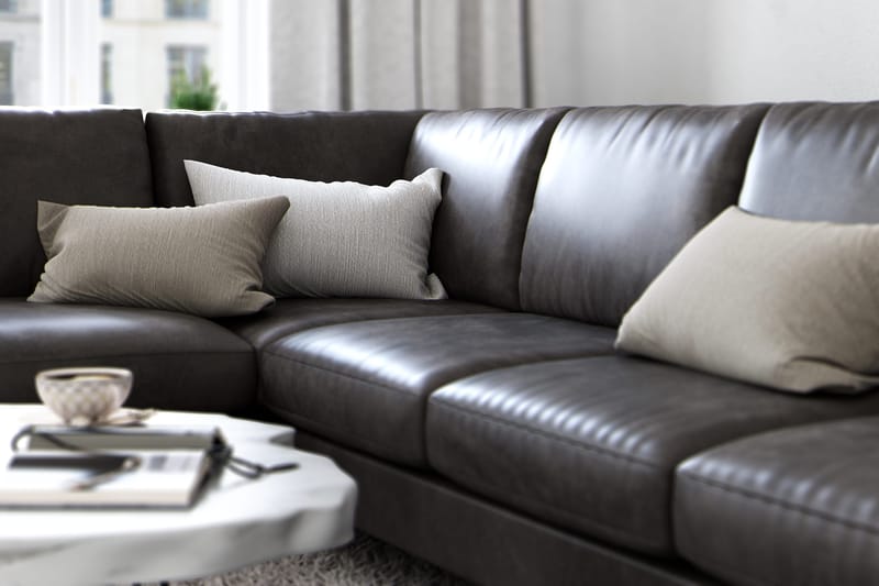 Ocean Lyx 6-sits Vänstervänd U-formad Soffa med Divan och Schäslong + Fotpall i Konstläder - Mörkgrå - Möbler - Soffa - Skinnsoffa