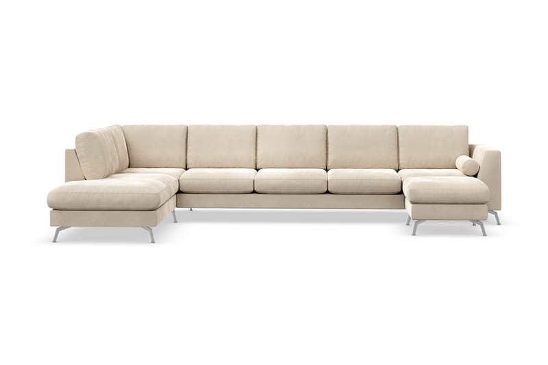 Ocean Lyx 6-sits Vänstervänd U-formad Soffa med Divan och Schäslong + Fotpall i Sammet - Beige - Möbler - Soffa - Divansoffa & schäslongsoffa