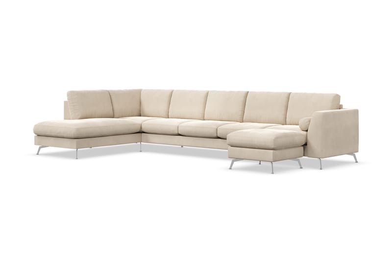 Ocean Lyx 6-sits Vänstervänd U-formad Soffa med Divan och Schäslong + Fotpall i Sammet - Beige - Möbler - Soffa - Divansoffa & schäslongsoffa