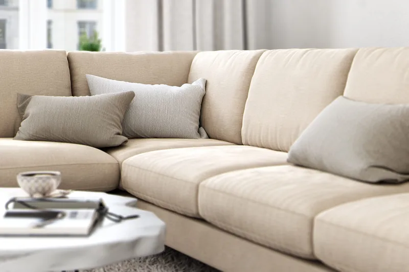 Ocean Lyx 6-sits Vänstervänd U-formad Soffa med Divan och Schäslong + Fotpall i Sammet - Beige - Möbler - Soffa - Sammetssoffa