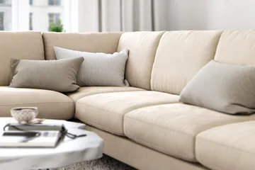 Ocean Lyx 6-sits Vänstervänd U-formad Soffa med Divan och Schäslong + Fotpall i Sammet - Beige - Möbler - Soffa - Sammetssoffa