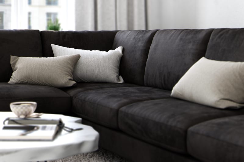 Ocean Lyx 6-sits Vänstervänd U-formad Soffa med Divan och Schäslong + Fotpall i Sammet - Mörkgrå - Möbler - Soffa - Divansoffa & schäslongsoffa