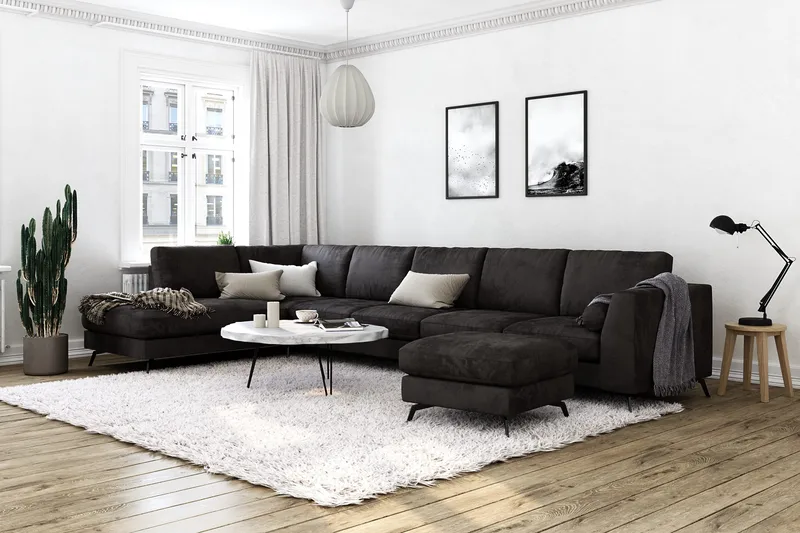 Ocean Lyx 6-sits Vänstervänd U-formad Soffa med Divan och Schäslong + Fotpall i Sammet - Mörkgrå - Möbler - Soffa - Sammetssoffa