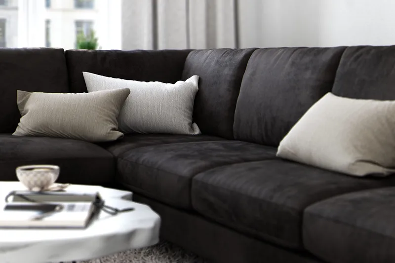 Ocean Lyx 6-sits Vänstervänd U-formad Soffa med Divan och Schäslong + Fotpall i Sammet - Mörkgrå - Möbler - Soffa - Sammetssoffa