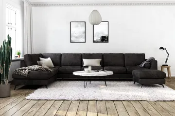 Ocean Lyx 6-sits Vänstervänd U-formad Soffa med Divan och Schäslong + Fotpall i Sammet - Mörkgrå - Möbler - Soffa - Sammetssoffa