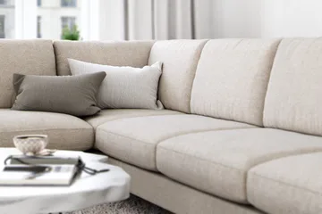 Ocean Lyx 6-sits Vänstervänd U-formad Soffa med Divan och Schäslong + Fotpall i Tyg - Beige - Möbler - Soffa - Divansoffa & schäslongsoffa