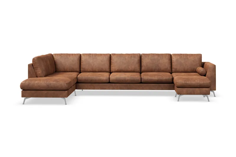 Ocean Lyx 6-sits Vänstervänd U-formad Soffa med Divan och Schäslong + Fotpall i Konstläder - Brun - Möbler - Soffa - Skinnsoffa