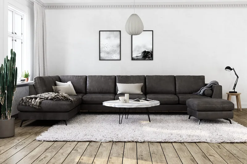 Ocean Lyx 6-sits Vänstervänd U-formad Soffa med Divan och Schäslong + Fotpall i Konstläder - Mörkgrå - Möbler - Soffa - Skinnsoffa
