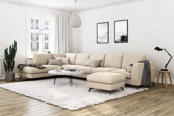 Ocean Lyx 6-sits Vänstervänd U-formad Soffa med Divan och Schäslong + Fotpall i Sammet - Beige - Möbler - Soffa - Sammetssoffa
