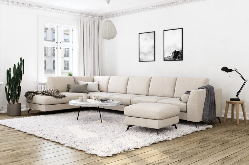 Ocean Lyx 6-sits Vänstervänd U-formad Soffa med Divan och Schäslong + Fotpall i Tyg - Beige - Möbler - Soffa - Divansoffa & schäslongsoffa