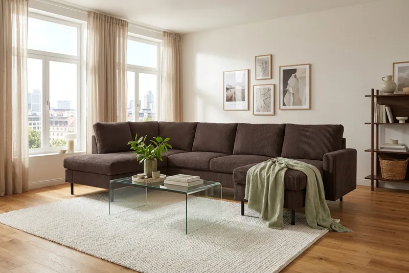 Peppe 4-sits Vänstervänd U-formad Soffa med Divan och Schäslong i Manchester - Mörkbrun - Möbler - Soffa - Divansoffa & schäslongsoffa - 4 sits soffa med divan