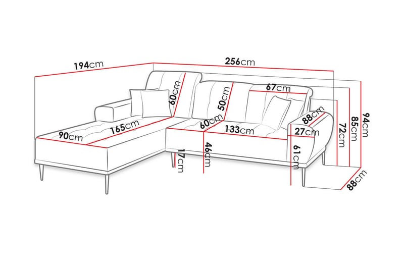 Rapale 3-sits Soffa med Divan Höger med Kuddar - Sammet/Ljusgrå/Svart - Möbler - Soffa - Divansoffa & schäslongsoffa - 3 sits soffa med divan