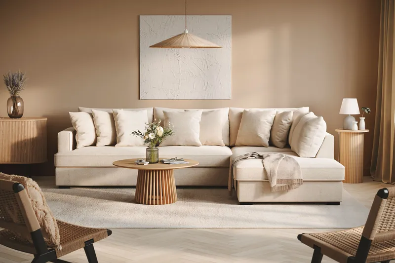 Rossita 4-sits Högervänd L-formad Djup Schäslongsoffa i Chenille - Beige - Möbler - Soffa - Divansoffa & schäslongsoffa - 4 sits soffa med divan