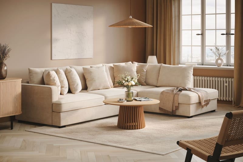 Rossita 4-sits Högervänd L-formad Djup Schäslongsoffa i Chenille - Beige - Möbler - Soffa - Divansoffa & schäslongsoffa - 4 sits soffa med divan