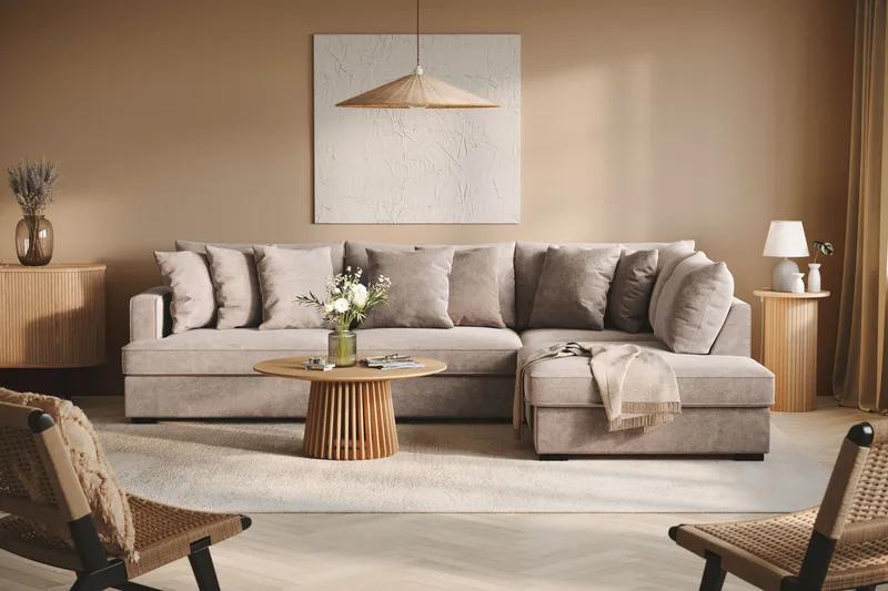 Rossita 4-sits Högervänd L-formad Djup Schäslongsoffa i Chenille - Trenza 08, Grå/Brun Chenille - Möbler - Soffa - Divansoffa & schäslongsoffa - 4 sits soffa med divan