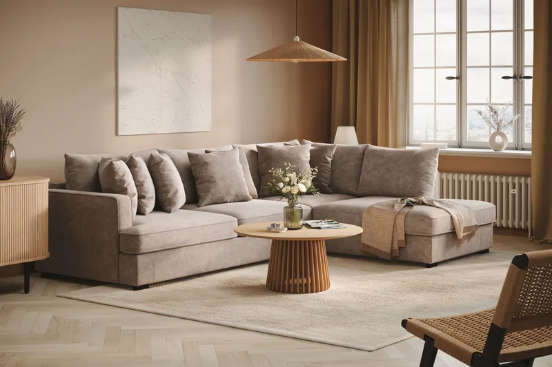 Rossita 4-sits Högervänd L-formad Djup Schäslongsoffa i Chenille - Trenza 08, Grå/Brun Chenille - Möbler - Soffa - Divansoffa & schäslongsoffa - 4 sits soffa med divan
