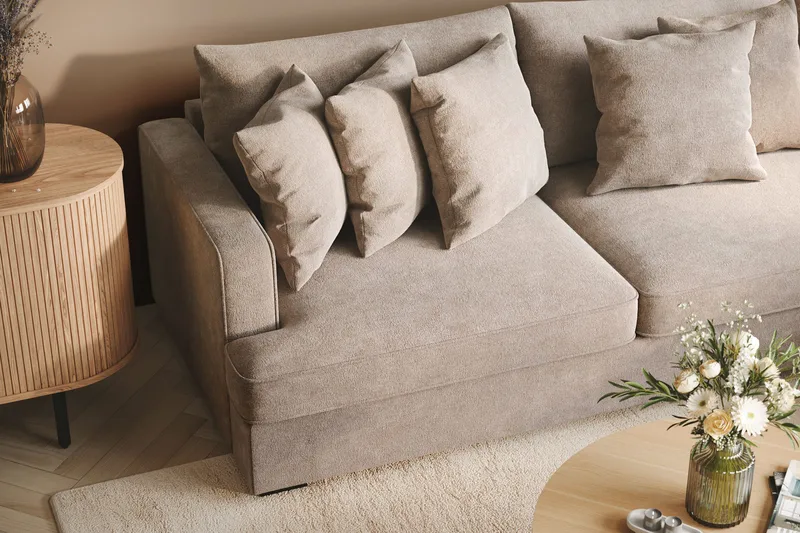 Rossita 4-sits Högervänd L-formad Djup Schäslongsoffa i Chenille - Trenza 08, Grå/Brun Chenille - Möbler - Soffa - Divansoffa & schäslongsoffa - 4 sits soffa med divan
