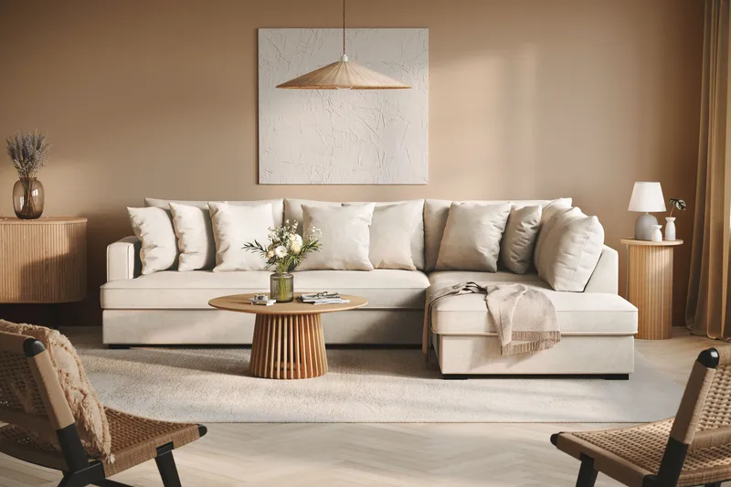 Rossita 4-sits Högervänd L-formad Djup Schäslongsoffa i Tyg - Beige - Möbler - Soffa - Divansoffa & schäslongsoffa - 4 sits soffa med divan