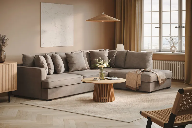 Rossita 4-sits Högervänd L-formad Djup Schäslongsoffa i Tyg - Brun - Möbler - Soffa - Divansoffa & schäslongsoffa - 4 sits soffa med divan