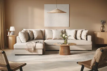 Rossita 4-sits Vänstervänd L-formad Djup Schäslongsoffa i Bouclé - Ljus Beige - Möbler - Soffa - Divansoffa & schäslongsoffa - 4 sits soffa med divan