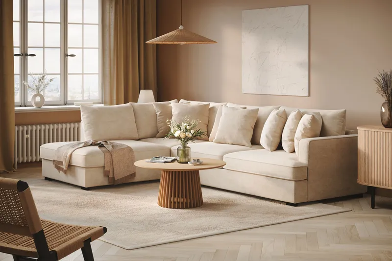 Rossita 4-sits Vänstervänd L-formad Djup Schäslongsoffa i Chenille - Beige - Möbler - Soffa - Divansoffa & schäslongsoffa - 4 sits soffa med divan