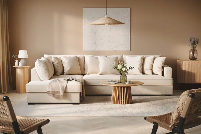 Rossita 4-sits Vänstervänd L-formad Djup Schäslongsoffa i Chenille - Trenza 06, Beige Chenille - Möbler - Soffa - Divansoffa & schäslongsoffa - 4 sits soffa med divan