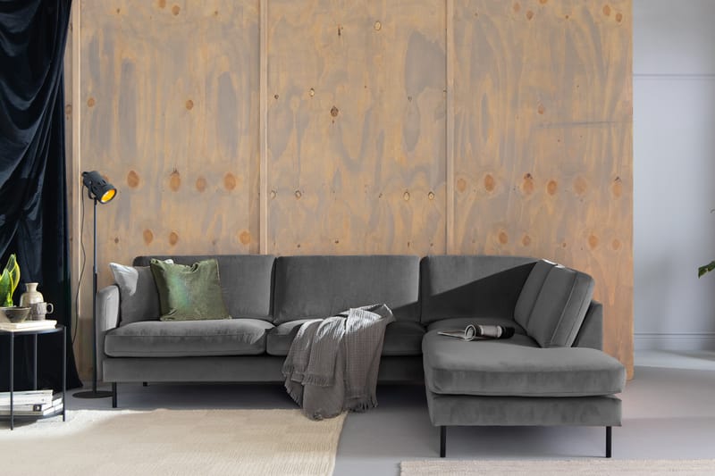Sammetssoffa Elion 2,5-sits med Schäslong Höger - Ljusgrå - Möbler - Soffa - Divansoffa & schäslongsoffa - 2 sits soffa med divan