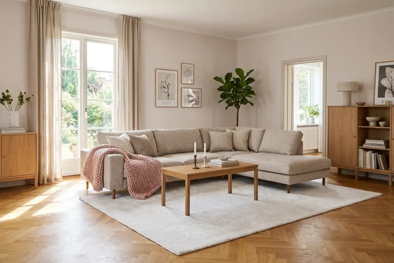 Scandi Djup 4-sits Soffa med Schäslong Höger i Chenille - Beige - Möbler - Soffa - Divansoffa & schäslongsoffa - 4 sits soffa med divan