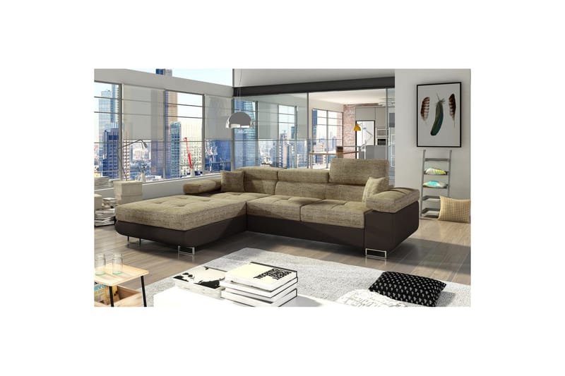 Sektionssoffa Eltap Armando 289x85x203 cm, Berlin 03, Mjuk 66, Beige, Mörkbrun, Vänster