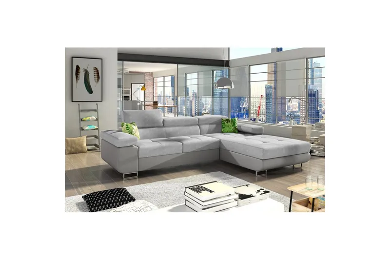 Sektionssoffa Eltap Armando 289x85x203 cm - Soro 83, Soft 29, Vit, Grå, Kuddar: Jungle 32, Grön, Höger - Möbler - Soffa - Divansoffa & schäslongsoffa - 3 sits soffa med divan