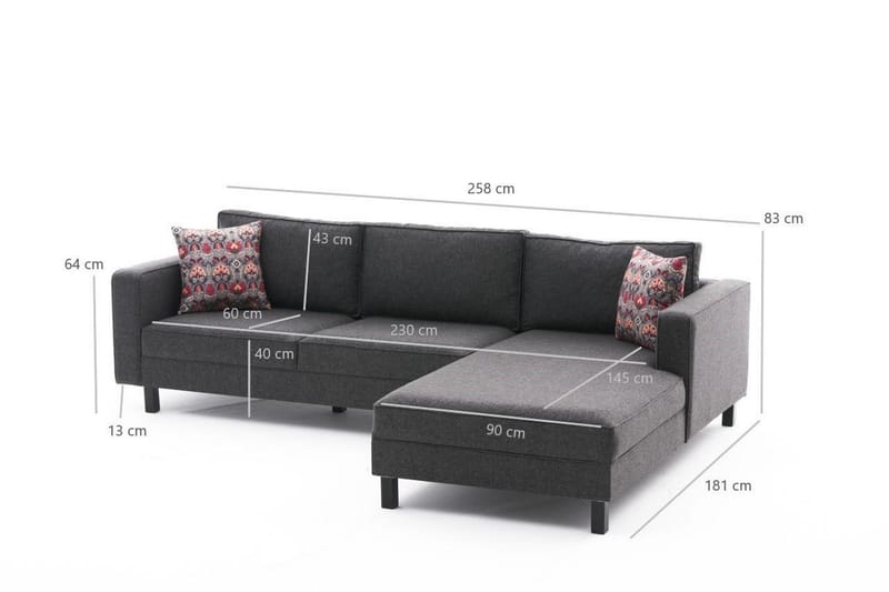 Soffa m. Divan Vivianna 4-sits - Antracit - Möbler - Soffa - Divansoffa & schäslongsoffa - 4 sits soffa med divan