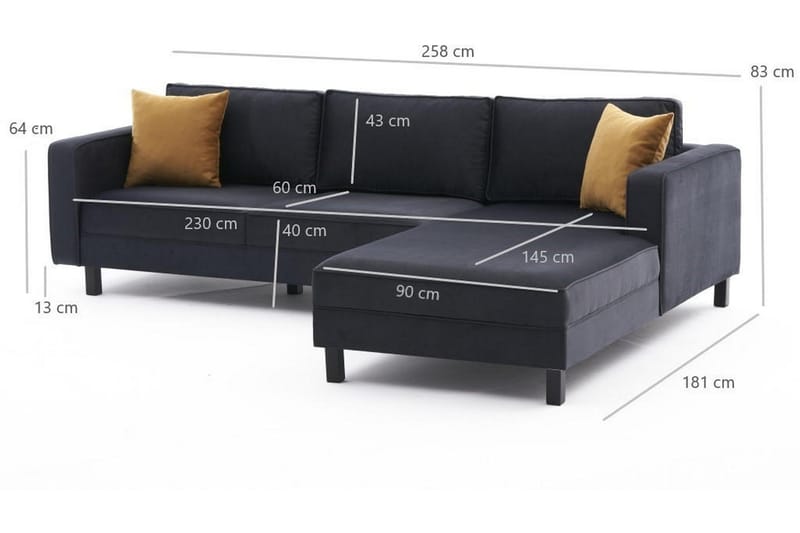 Soffa m. Divan Vivianna 4-sits - Mörkgrå - Möbler - Soffa - Divansoffa & schäslongsoffa - 4 sits soffa med divan