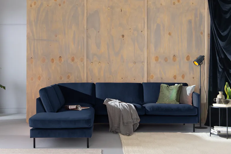 Teodin 2,5-sits Sammetssoffa med Schäslong Vänster - Blå - Möbler - Soffa - Divansoffa & schäslongsoffa - 2 sits soffa med divan