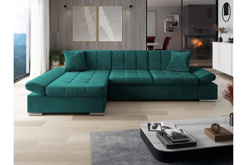 Vananda Soffa med Divan 3-sits i Chenille - Grön - Möbler - Soffa - Divansoffa & schäslongsoffa - 3 sits soffa med divan