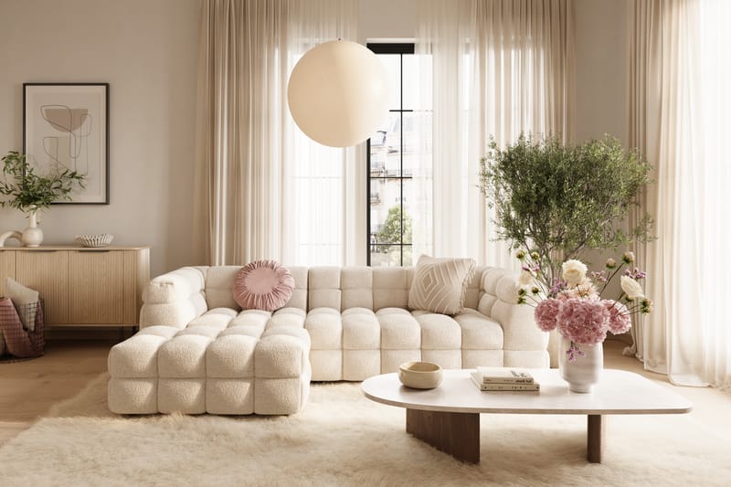 Elise 3-sits Bubblig Soffa med Divan Vänster - Beige Teddy - Möbler - Soffa - Divansoffa & schäslongsoffa - 4 sits soffa med divan
