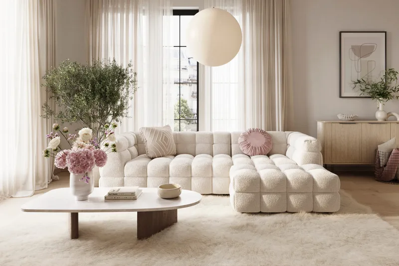 Elise 4-sits Bubblig Soffa med Divan Höger - Beige - Möbler - Soffa - Divansoffa & schäslongsoffa - 4 sits soffa med divan