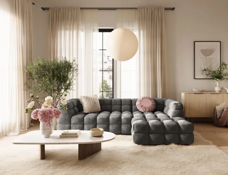 Elise 4-sits Bubblig Soffa med Divan Höger - Mörkgrå - Möbler - Soffa - Divansoffa & schäslongsoffa - 4 sits soffa med divan