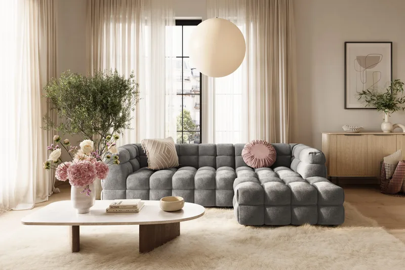 Elise 4-sits Bubblig Soffa med Divan Höger - Mörkgrå - Möbler - Soffa - Divansoffa & schäslongsoffa - 4 sits soffa med divan