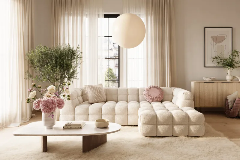 Elise 4-sits Bubblig Soffa med Divan Vänster - Beige - Möbler - Soffa - Divansoffa & schäslongsoffa - 4 sits soffa med divan