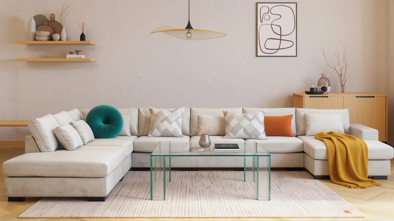 Grande Stor 7-sits U-Soffa med Divan Höger - Beige Sammet - Möbler - Soffa - Sammetssoffa