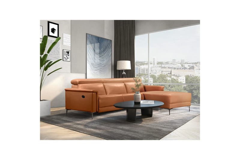 Hörnsoffa 3-sits Lund Cognac, PU, Höger manuell vilstol - Cognac, PU, Höger manuell vilstol - Möbler - Soffa - Biosoffa & reclinersoffa