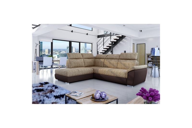 Hörnsoffa Eltap Loreto 260x210x102 cm - Berlin 03, Mjuk 66, Beige, Mörkbrun, Vänster - Möbler - Soffa - Skinnsoffa