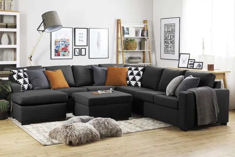 Crazy 6-sits Vänstervänd U-formad Large Hörnsoffa med divan i Tyg - Antracit - Möbler - Soffa - Hörnsoffa - Hörnsoffa med divan