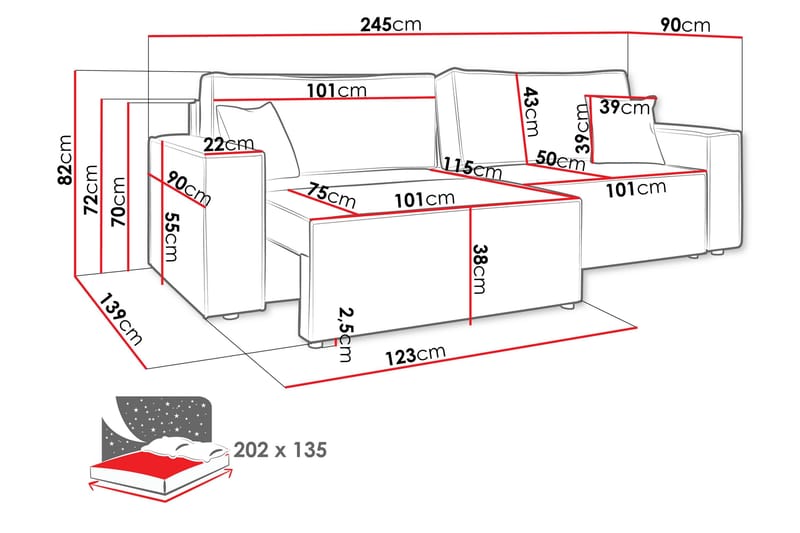 Hobson 3-sits Bäddbar Soffa 245 cm med Förvaring i Manchestertyg - Blå - Möbler - Soffa - 3 sits soffa