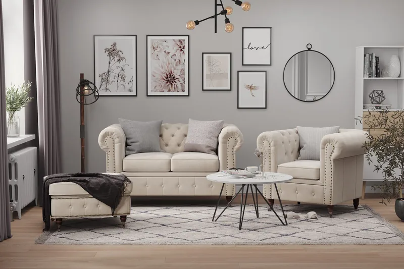 Chesterfield Deluxe Sammetssoffa 2-sits - Beige - Möbler - Soffa - Howardsoffa