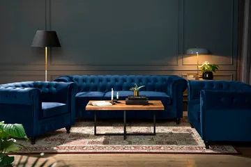 Chesterfield Lyx 2-sits Liten sammetssoffa - Djup soffa 160 cm bred - Blå - Möbler - Soffa - Howardsoffa